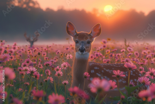 Deer in flower field with morning sunlight background. Generative ai.