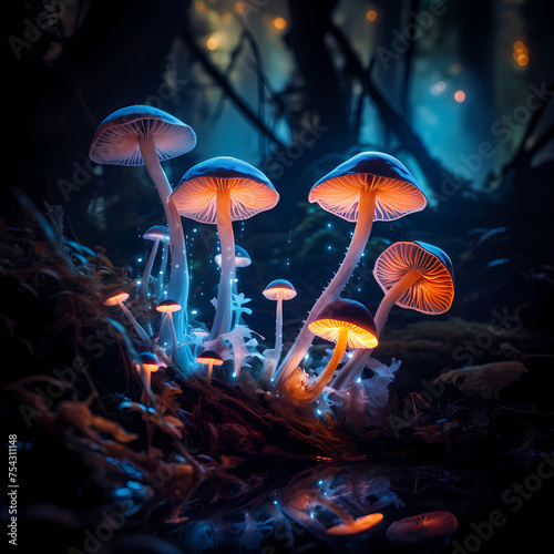 Bioluminescent mushrooms in a dark forest.