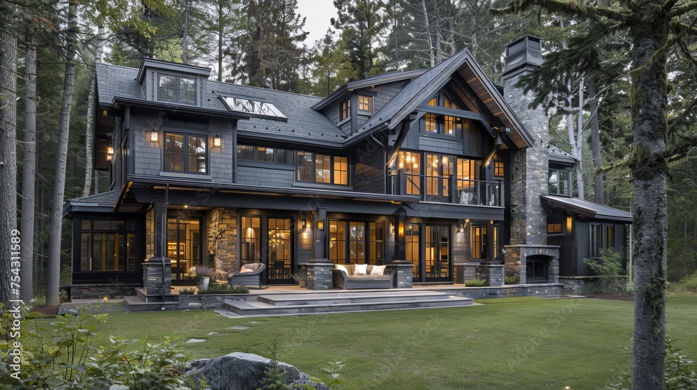 Classic rustic new home with dark grey wood exterior and forest setting, including a back yard porch,  Large family home in a rural area.
