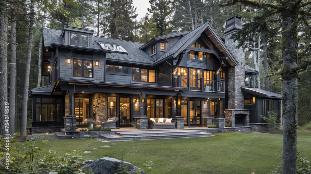 Classic rustic new home with dark grey wood exterior and forest setting, including a back yard porch, Large family home in a rural area.
Classic rustic new home with dark grey wood exterior and forest setting, including a back yard porch, Large family home in a rural area.