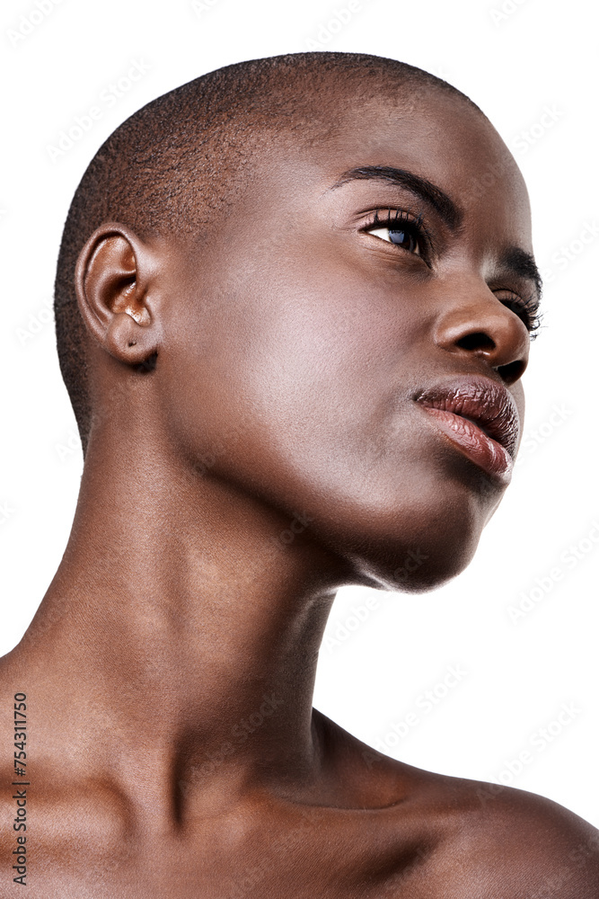 Face, beauty and thinking with natural black woman in studio isolated on white background for wellness. Future, skincare and vision with confident young model at spa for cosmetics or dermatology Face, beauty and thinking with natural black woman in studio isolated on white background for wellness. Future, skincare and vision with confident young model at spa for cosmetics or dermatology