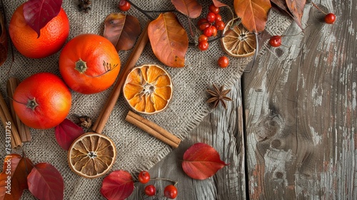Autumn still life with fresh persimmons, dried orange slices, and fall leaves on rustic wood photo