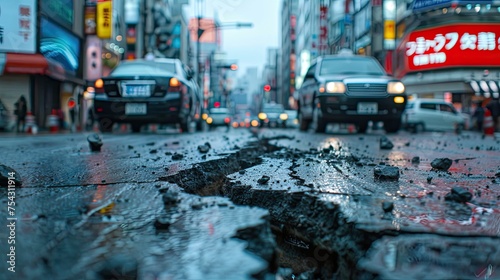 in a busy city street there is a road with a long crack depicting the effects of an earthquake the background appears blurry 