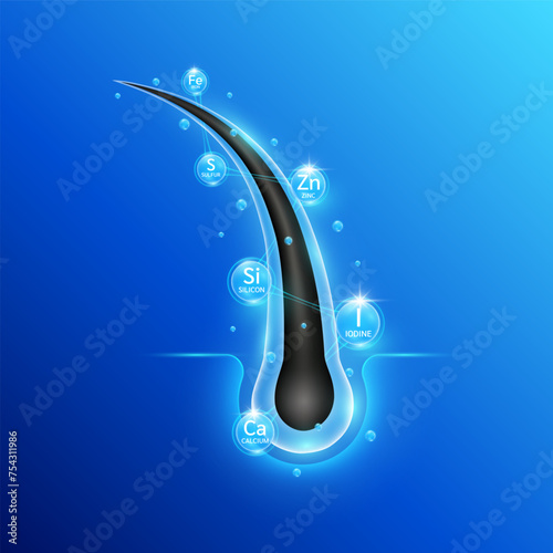Hair care too atom molecule of minerals zinc iron calcium. Follicles from brittleness, damage make soft and shiny. Hairs structure repair shampoo salon treatment ads. Vector EPS10.