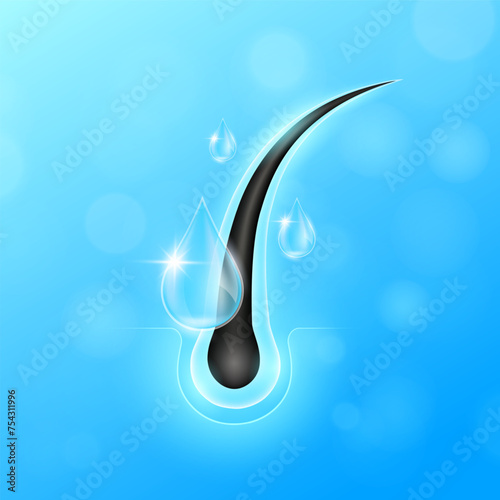 Drops blue serum fall into hair. Hair care too vitamins minerals collagen. Follicles from brittleness, damage make soft and shiny. Shampoo and salon treatment ads. Vector EPS 10.