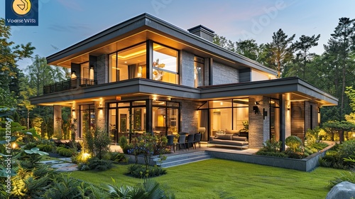 luxurious modern house exterior house illuminated by elegant lighting and garden in the evening  © hisilly