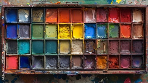 Used watercolor palette with a range of colorful options for artistic expression