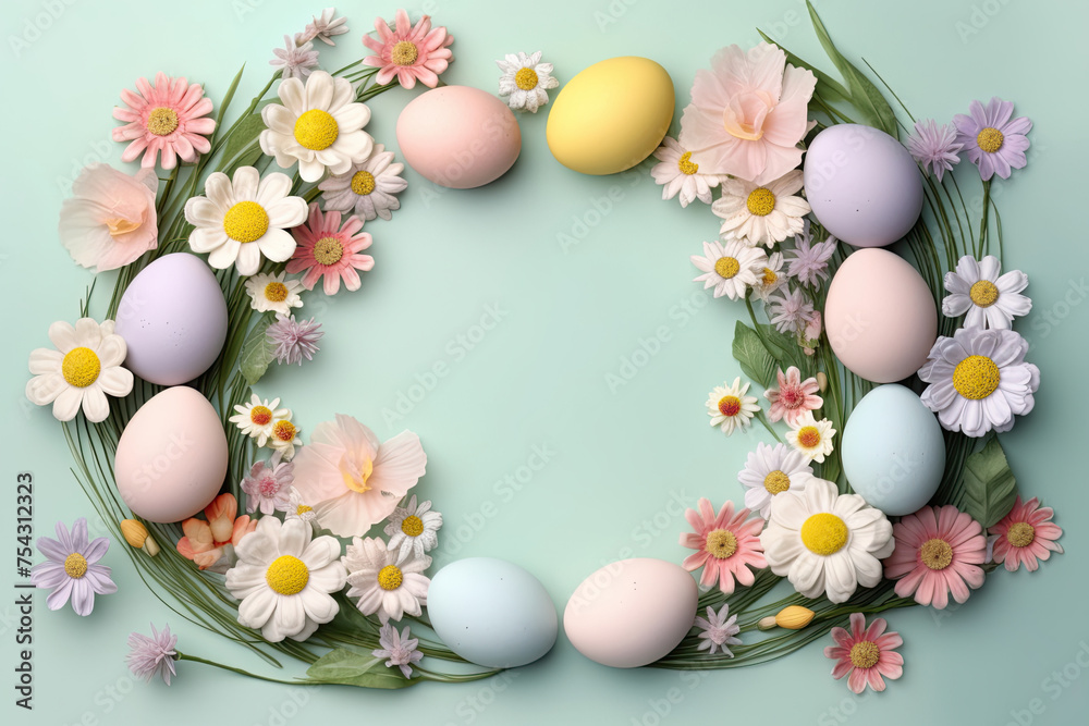Easter Eggs and Flowers Frame. Easter Sunday Decoration on Pastel Color Background with Copy Space
