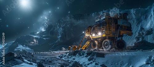 Giant Mining Truck Illuminated in Moons Craters Amidst Icy Landscape