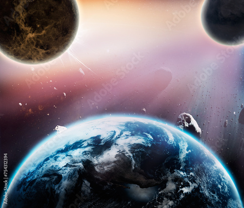Fototapeta Naklejka Na Ścianę i Meble -  Solar system, galaxy and earth in planet with sun for light in sky, space and universe with world globe. Elements, nature, and asteroid rocks in atmosphere for cosmic environment and human life.