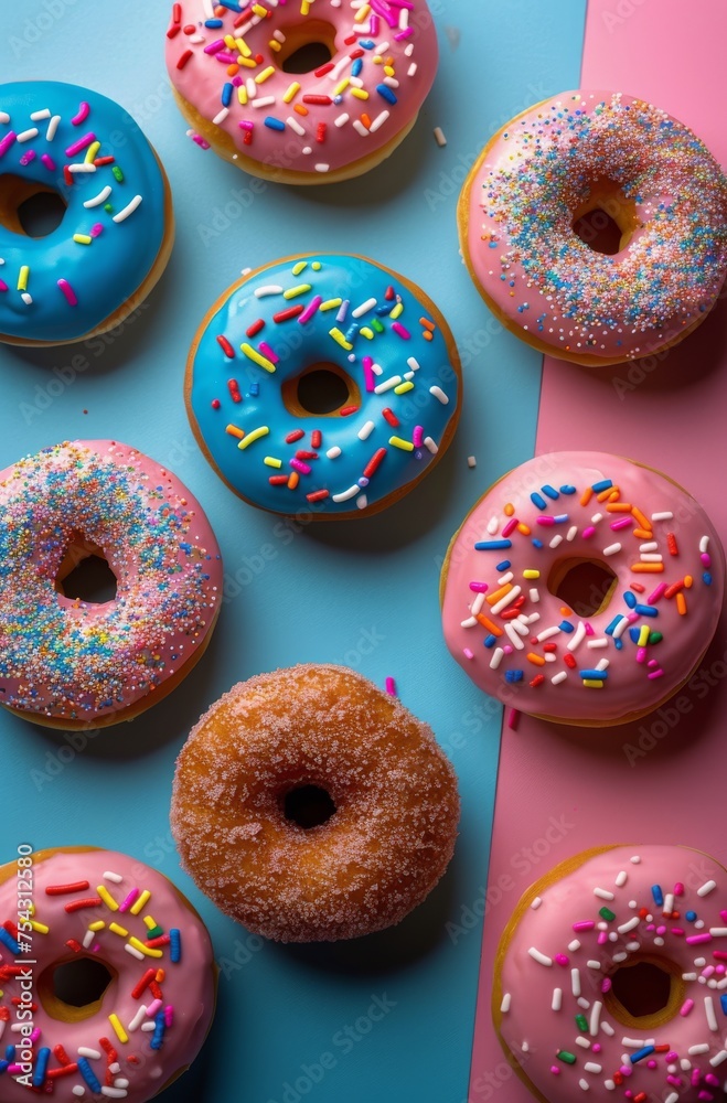Group of Doughnuts With Sprinkles on Blue and Pink