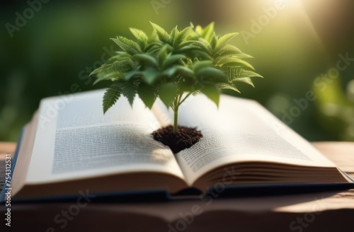 An open book lies on the table and plants that grow from book pages . World book's day concept. © Kateryna
