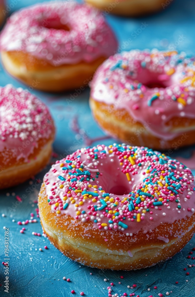 Close Up of Tray of Doughnuts With Pink Frosting and Sprinkles