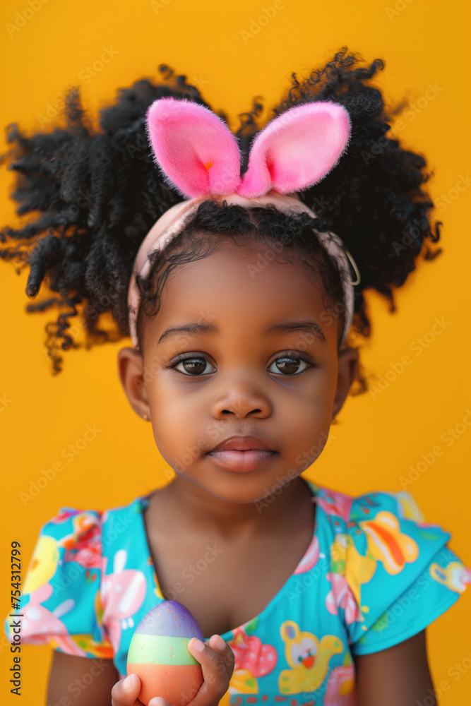 Adorable African American Toddler with Bunny Ears Holding a Colorful Easter Egg Adorable African American Toddler with Bunny Ears Holding a Colorful Easter Egg