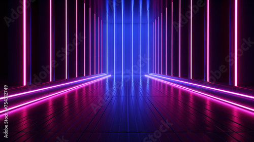 Futuristic corridor with vibrant neon lighting in pink and blue. Perspective view of a modern tunnel with glowing lines. Sci-fi interior concept with reflective floor and copy space.