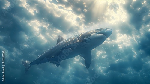 Great White Shark Swimming in Ocean Amidst Sunbeams Shining Through Clouds in Cinematic Hyperrealism