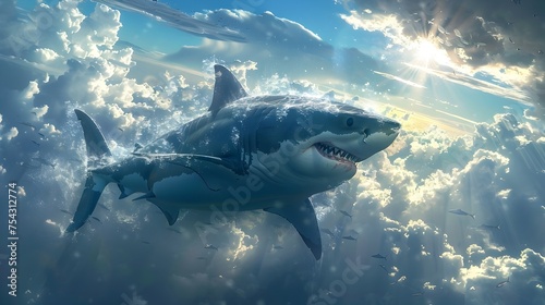 Majestic Shark Soaring Through Fluffy Clouds Basked in Sun Rays photo