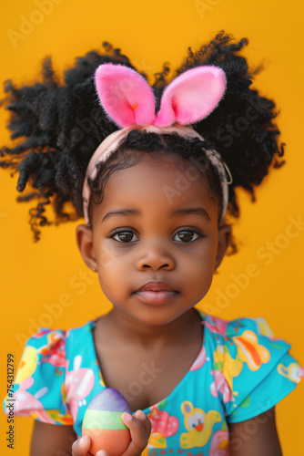 Adorable African American Toddler with Bunny Ears Holding a Colorful Easter Egg
