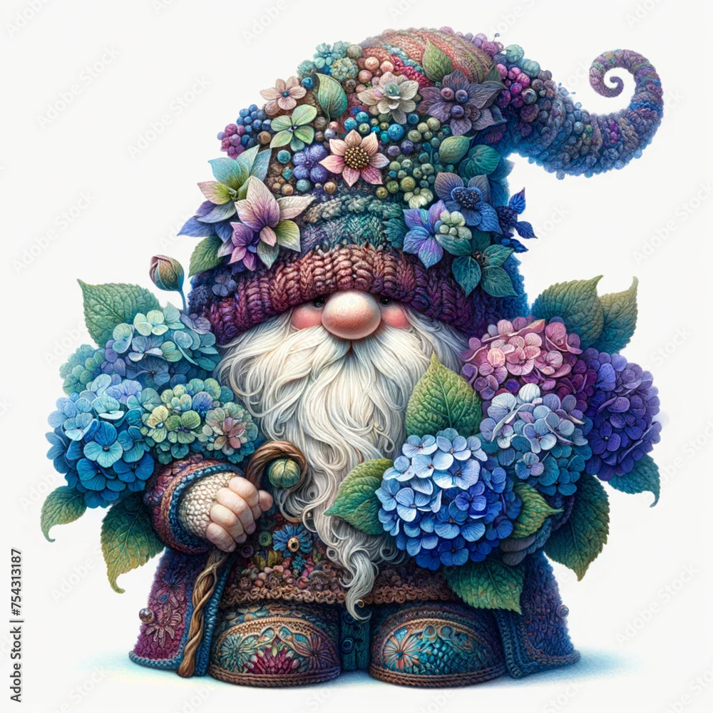 gnome character with a bouquet of hydrangea isolated on white background