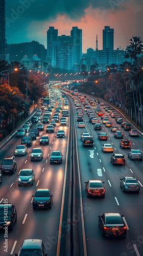 a busy highway with many cars and trucks. AI Generated