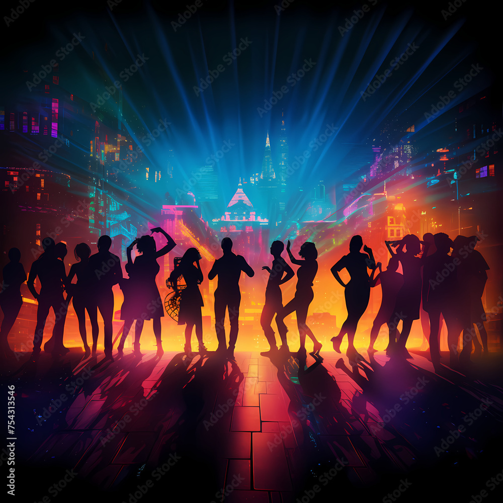 Silhouettes of people dancing under neon lights.