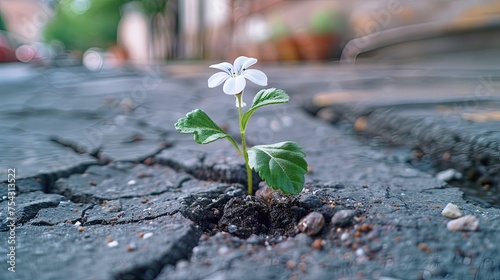 small flower grow on cracked street 