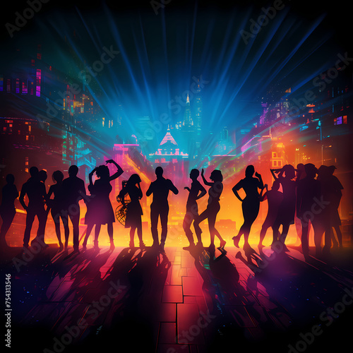 Silhouettes of people dancing under neon lights.