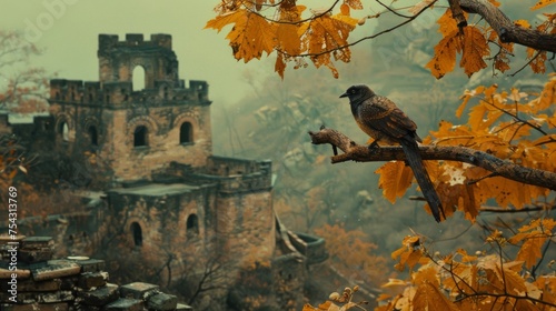  a bird perched on top of a tree branch in front of a castle in a forest filled with yellow leaves.