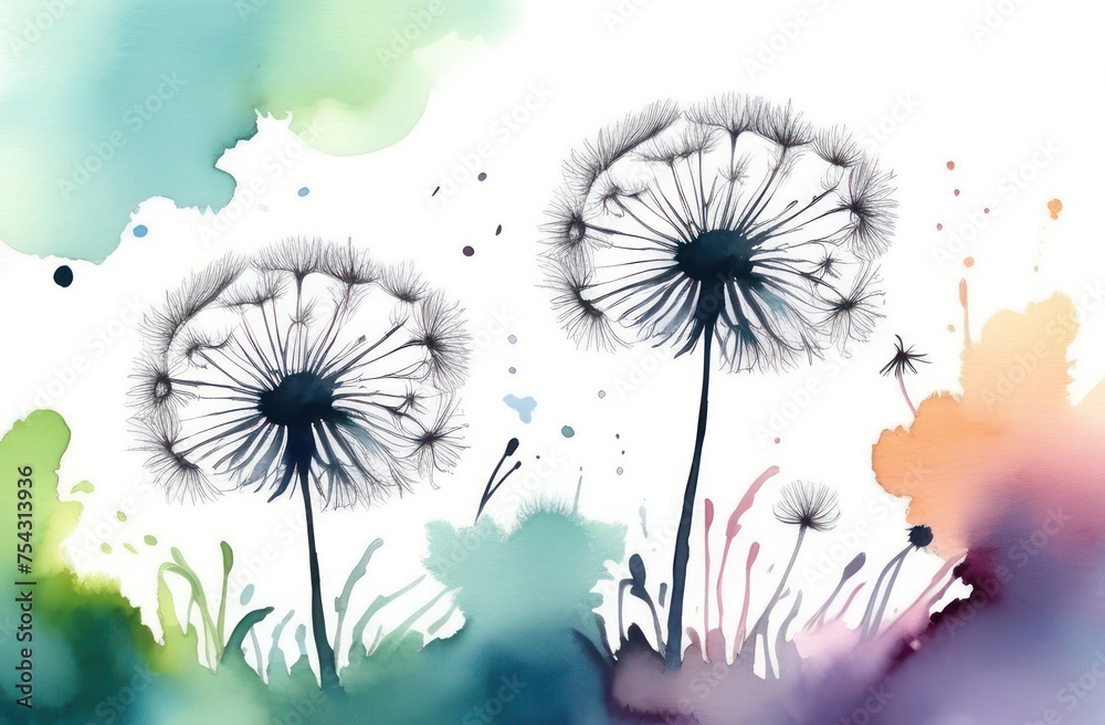Naklejka premium Dandelion flowers painted in watercolor