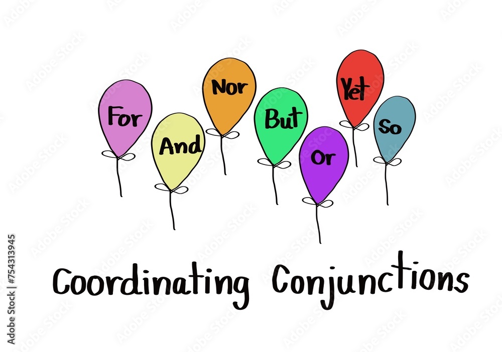 Handwritten words about Coordinating Conjunctions. For And Nor But Or Yet So in colorful balloons. Concept, English grammar teaching. Education. Teaching aid about Part of speech, conjunction lesson.