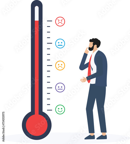 Man near the thermometer emotional scale difference, emotional overload, stress level, burnout, increased productivity, tiring, boring, positive, frustration employee in job

