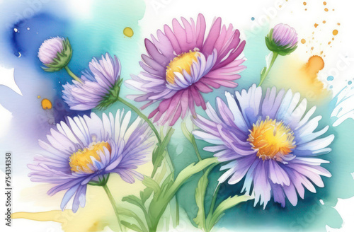 Aster flowers painted in watercolor