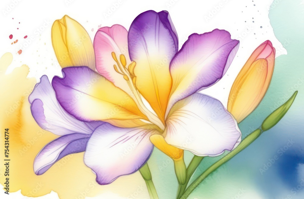 Freesia flowers painted in watercolor