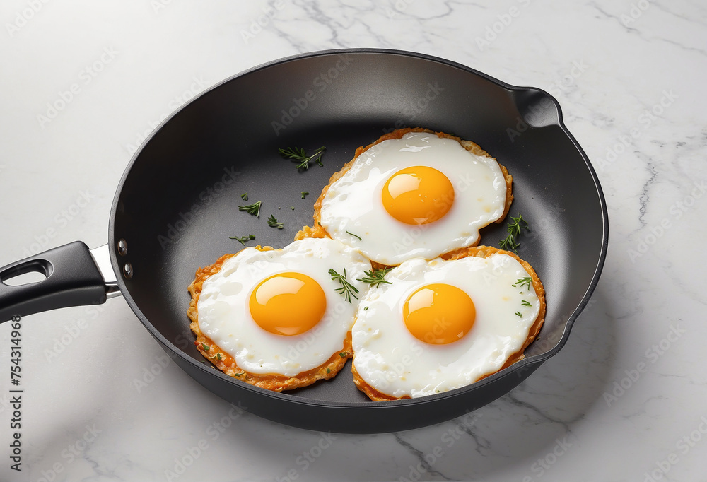scrambled eggs in a frying pan in the kitchen on a light background scrambled eggs in a frying pan in the kitchen on a light background