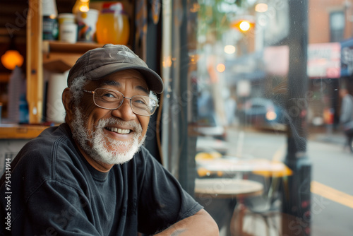 photo of  old man Sitting smiling by the window of a coffee shop American style
