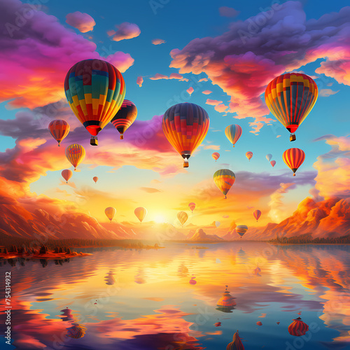 Vibrant hot air balloons against a sunrise sky.