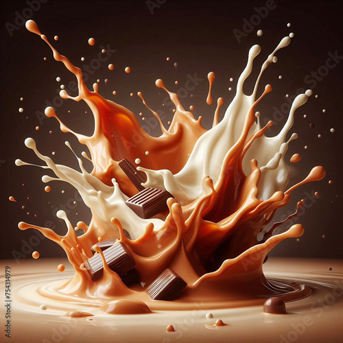 3D Caramel splash milk sauce chocolate liquid background cream toffee food falling splash caramel candy 3d isolated Ai generative.