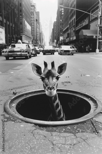 Black and white photographic photorealistic, a giraffe is sticking out it’s the head and neck of a small round manhole in the middle of the road in a new york. AI Generated. AI Generated
