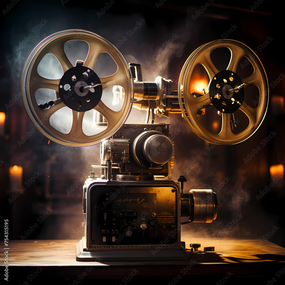 Vintage film projector with film reels spinning.