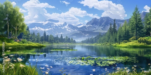 ast mountain lake in a valley, with a wide panoramic view of the surrounding forested mountains and a clear photo