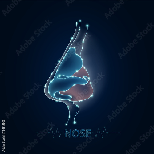Nose human in electronic form glowing between information connecting lines. Medical science of technology digital hi tech. Futuristic digital circuit board innovative health care. Vector EPS10.