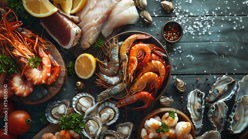 Dive into the world of seafood delights with a focus on the vibrant colors and textures of fresh catches. The indulgence and happiness associated with seafood feasts.