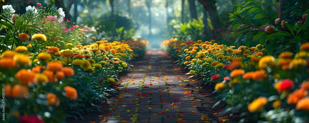 A charming garden path lined with an array of blooming flowers beckons visitors to stroll through a fragrant corridor of colors and scents. Concept Garden Photography, Blooming Flowers