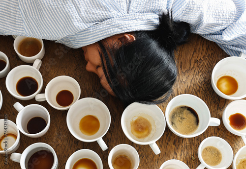 Exhausted, a tired female falls asleep at her working desk, surrounded by many empty coffee mugs, indicating a problem with caffeine addiction in female worker.