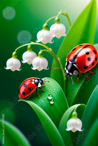 Spring macro of lily of the valley flowers and ladybug blossoms.
