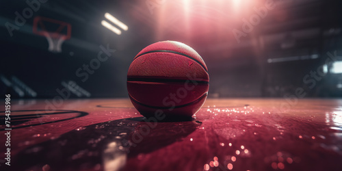 Generative AI, Basketball ball on the court with water splash and sunlight, closeup photo photo