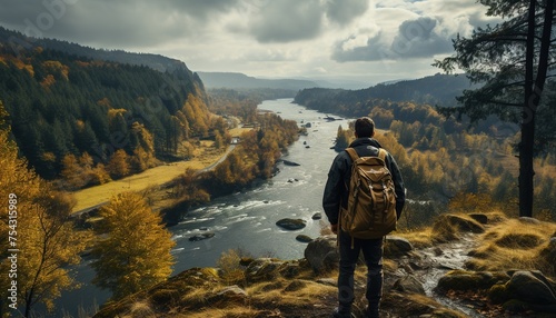 Generative AI, backpacker in autumn landscape, traveler man tourist with backpack hiking in mountains photo