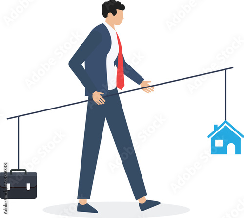 Man walking on a tightrope with work and life balance. Balancing work and life concept vector illustration

