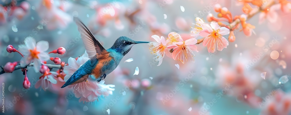 Fototapeta premium Capturing the Graceful Essence of Nature: A Hummingbird Feeding from a Delicate Blossom. Concept Nature Photography, Hummingbirds, Wildlife, Fine Art, Blossoms