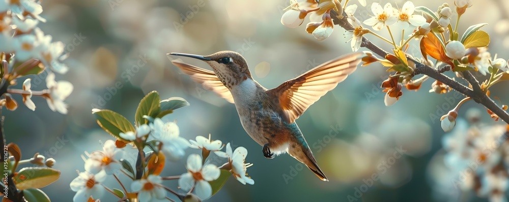 Obraz premium Capturing the grace and intricacy of nature: a mesmerizing scene of a hummingbird feeding from a delicate blossom. Concept Nature Photography, Hummingbird, Delicate Blossom, Mesmerizing Scene